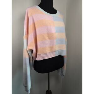 Pastel Colorblock Striped Cropped Sweater Soft Girl Coquette Slouchy Knit Size L